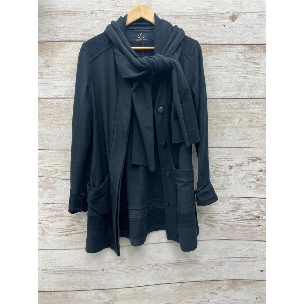 Beyond Yoga Black Organic Cotton Fleece Jacket Scarf Studio Gear Women Large US